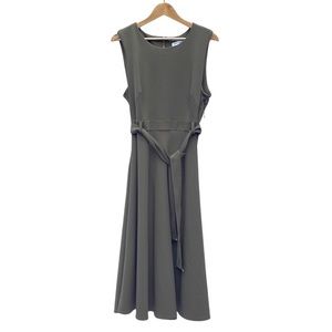 Calvin Klein Olive Green Midi Dress with Waist Tie